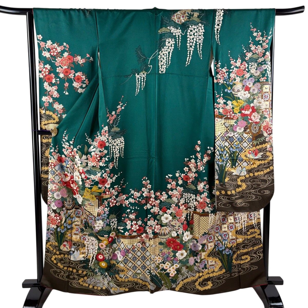 振袖 身丈162cm 裄丈66cm M 袷 花車 松竹梅 金糸 金彩 緑 正絹 秀品 【中古】