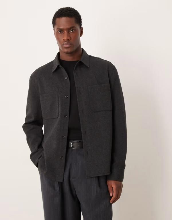 マンゴ メンズ アウター ジャケット・ブルゾン コットン Mango cotton mix shacket in charcoal チャコール
