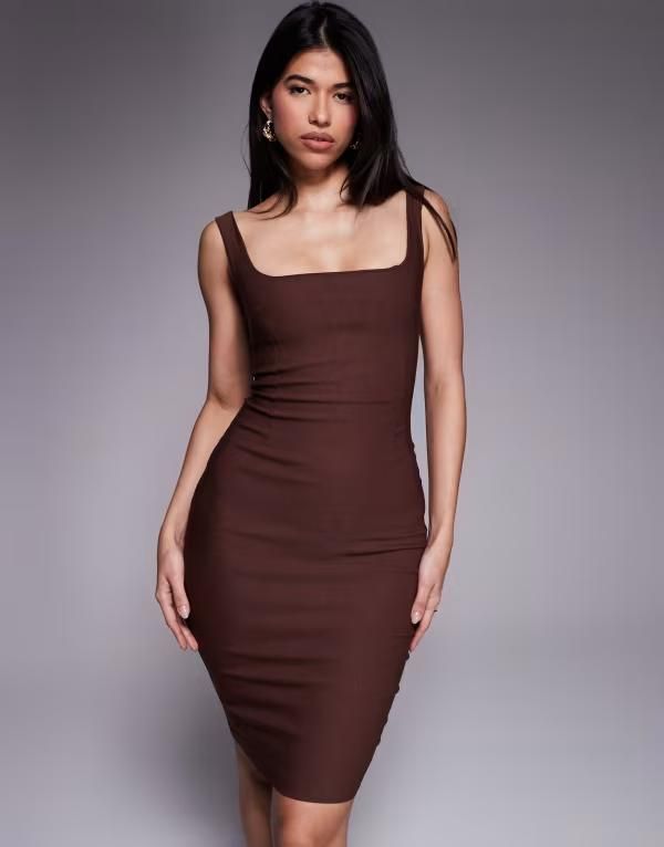 ベスパー レディース トップス ワンピース ミディ Vesper bengaline square neck bodycon midi dress in chocolate チョコレート