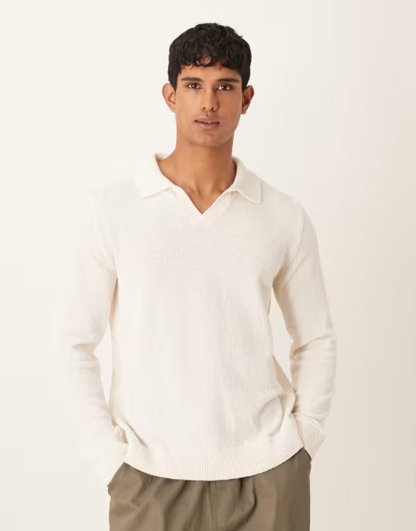 エイソス メンズ トップス ポロシャツ ニット ASOS DESIGN relaxed textured long sleeve knit notch neck polo in ecru ECRU エ
