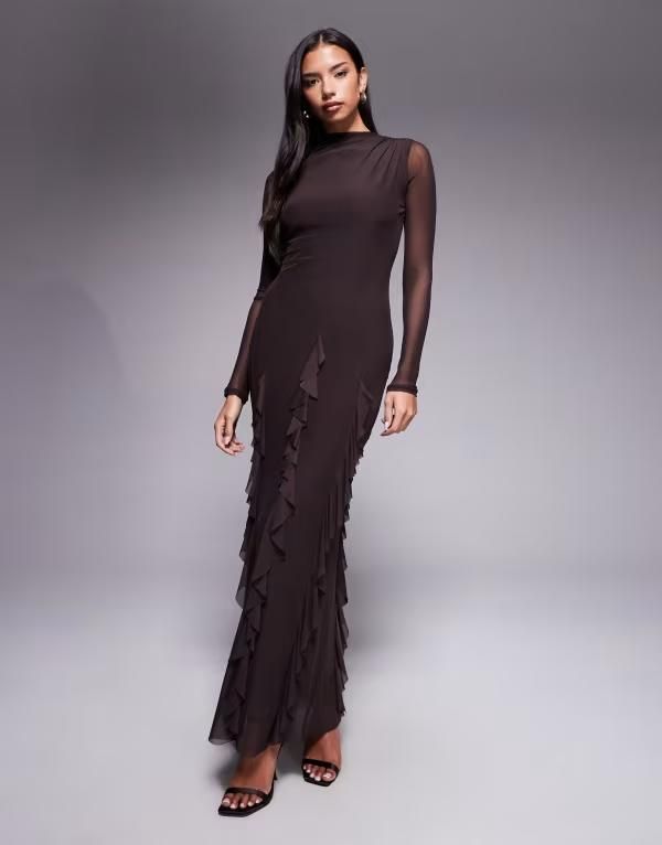 エイソス レディース トップス ワンピース マキシワンピース フリル メッシュ スカート マキシ ASOS DESIGN mesh long sleeve maxi dress with waterf