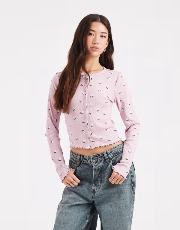 オンリー レディース アウター カーディガン プリント ONLY flower print cardigan in light PINK ピンク