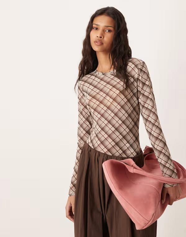 ヴィラ レディース トップス Tシャツ ハイネック メッシュ VILA high neck long sleeeve mesh toplaid BirchI ブラウン