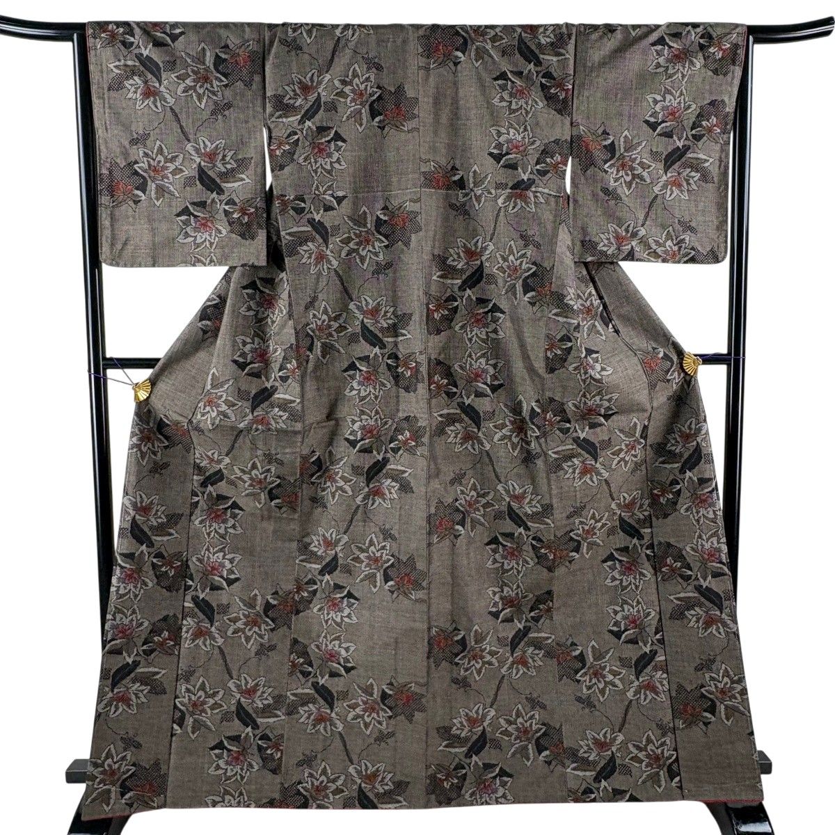 【美品】 紬 身丈165.5cm 裄丈66cm M 袷 草花 焦茶色 正絹 秀品 【中古】
