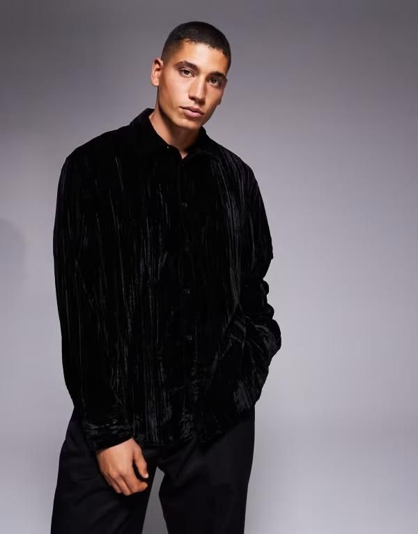 エイソス メンズ トップス シャツ ベルベット ASOS DESIGN oversized crinkle velvet shirt Black ブラック