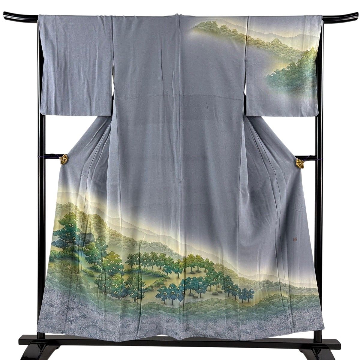 訪問着 身丈153.5cm 裄丈66.5cm M 袷 落款 風景 建物 金彩 ぼかし 青灰色 正絹 秀品 【中古】