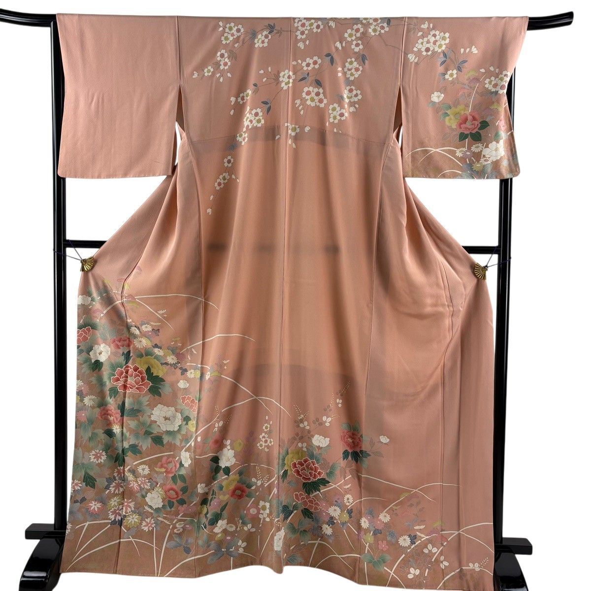 訪問着 身丈168.5cm 裄丈67.5cm L 袷 牡丹 菊 金銀彩 ピンク 正絹 秀品 【中古】