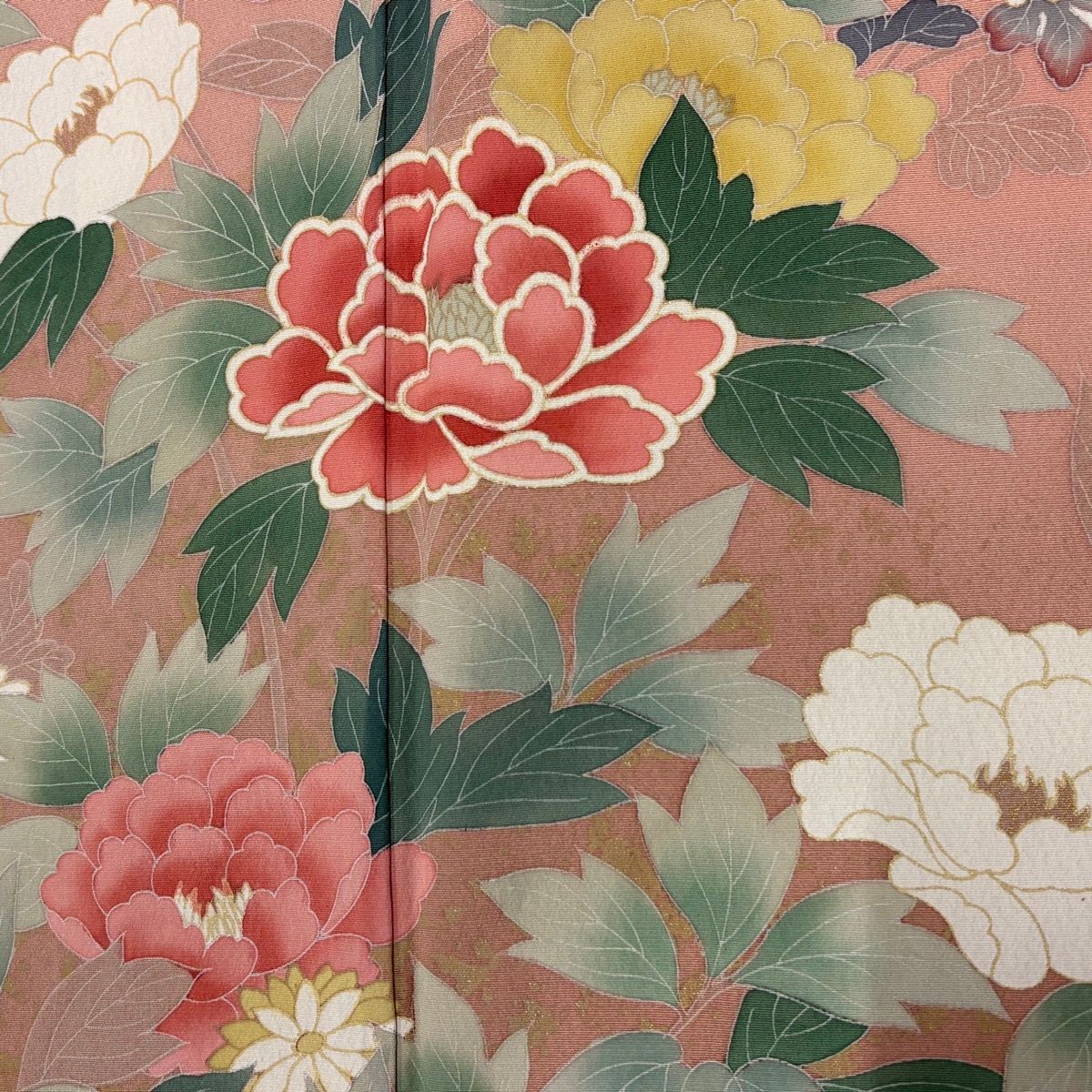 訪問着 身丈168.5cm 裄丈67.5cm L 袷 牡丹 菊 金銀彩 ピンク 正絹 秀品 
