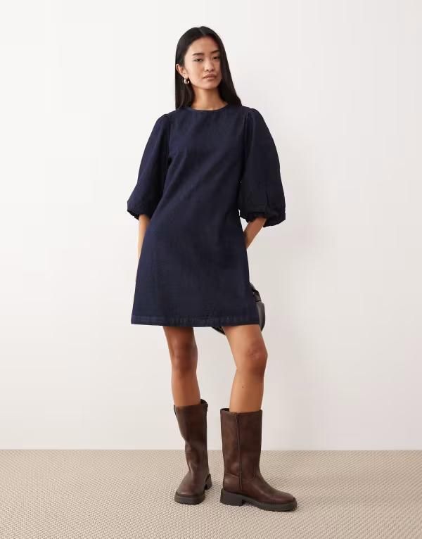 エイソス レディース トップス ワンピース ミニワンピース ミニ デニム ASOS DESIGN denim mini dress with puff sleeve detail in rinse R