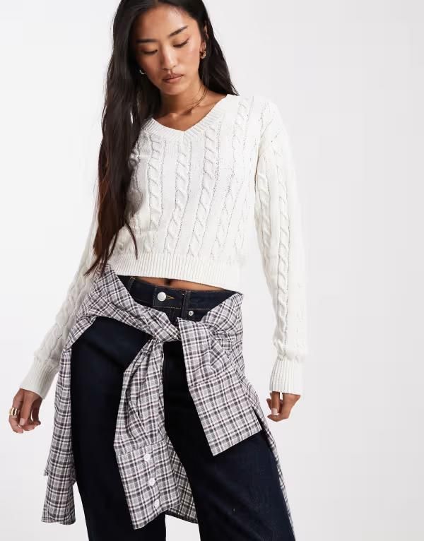 コットンオン レディース アウター ニット・セーター Vネック セーター クロップド ニット Cotton On v neck cotton cropped cable knit pullover s