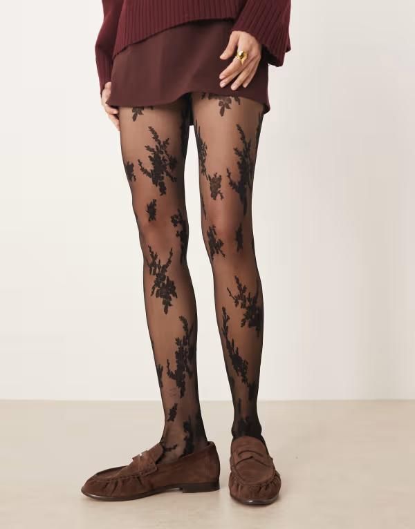 エイソス レディース ボトムス レギンス フラワー柄 レース フラワー ASOS DESIGN abstract large floral lace tights Black ブラック
