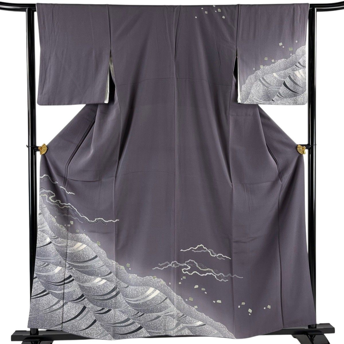 訪問着 身丈158.5cm 裄丈61.5cm S 袷 落款 波 箔散らし ぼかし 灰紫 正絹 秀品 【中古】