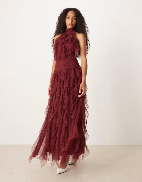 レース アンド ビーズ レディース トップス ワンピース 背中開き マキシワンピース フリル マキシ Lace Beads backless ruffle maxi dress Burgundy バー