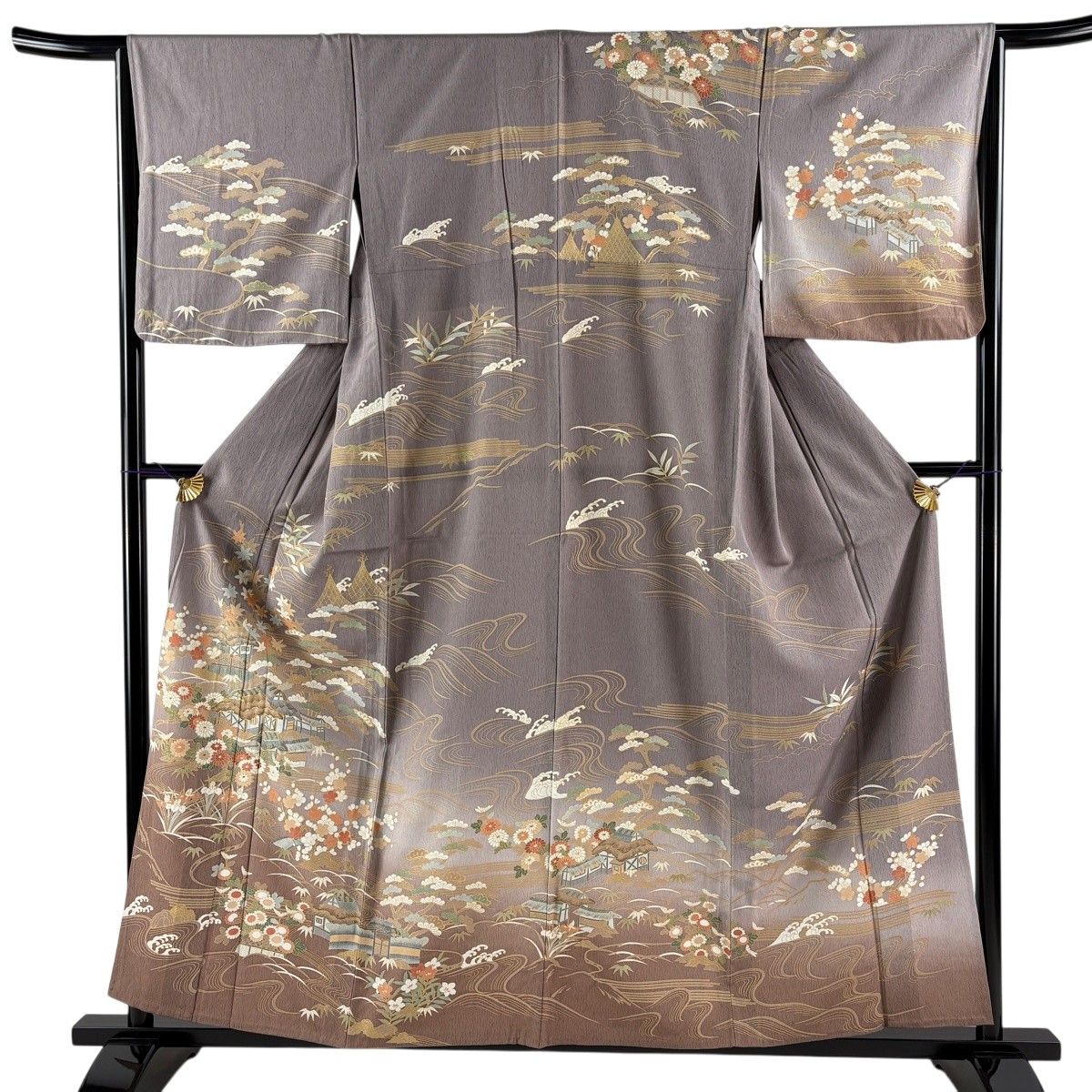 訪問着 身丈158cm 裄丈64.5cm M 単衣 家屋 松竹梅 金糸 金彩 灰紫 正絹 秀品 【中古】
