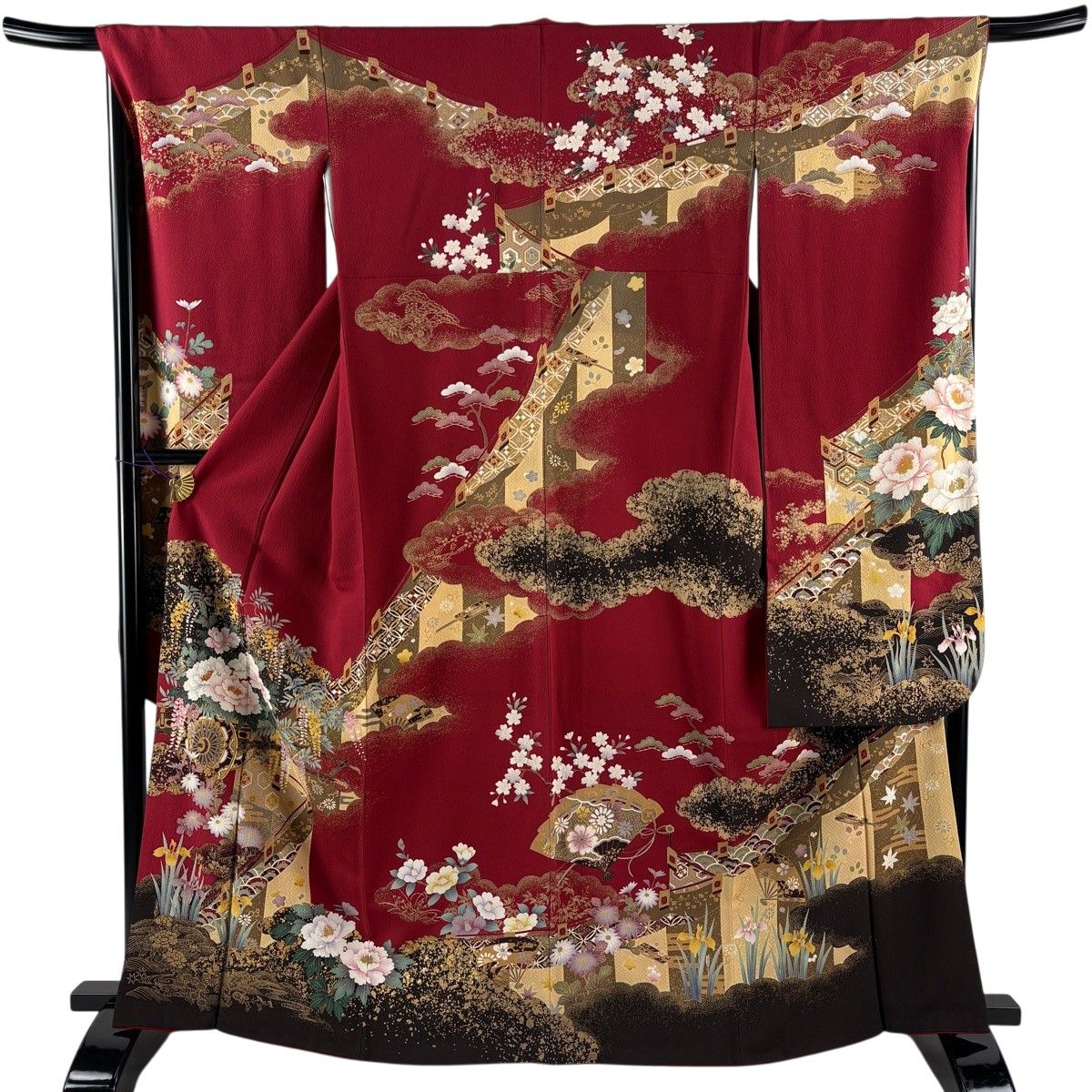 振袖 身丈165cm 裄丈67cm M 袷 花車 幔幕 金糸 金彩 えんじ色 正絹 秀品 【中古】