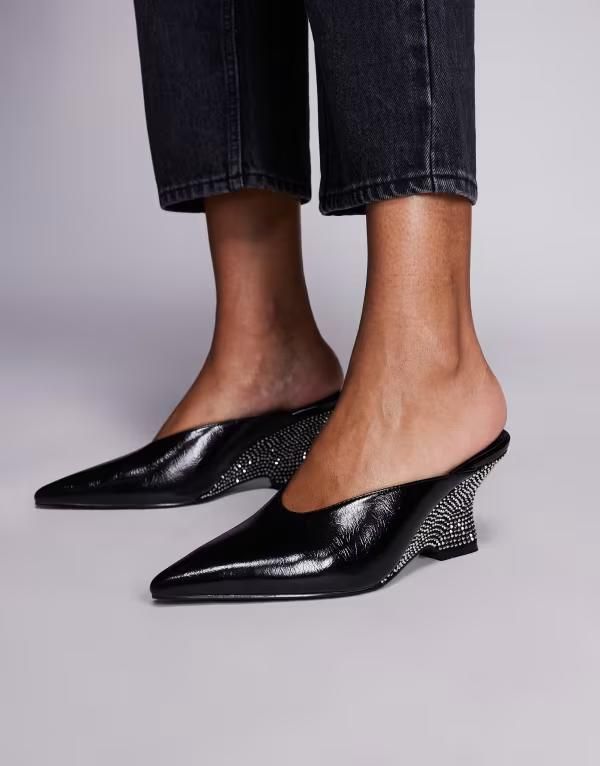 エイソス レディース シューズ サンダル ヒール ASOS DESIGN Spark mid wedge mules with rhinestone heels Black ブラック