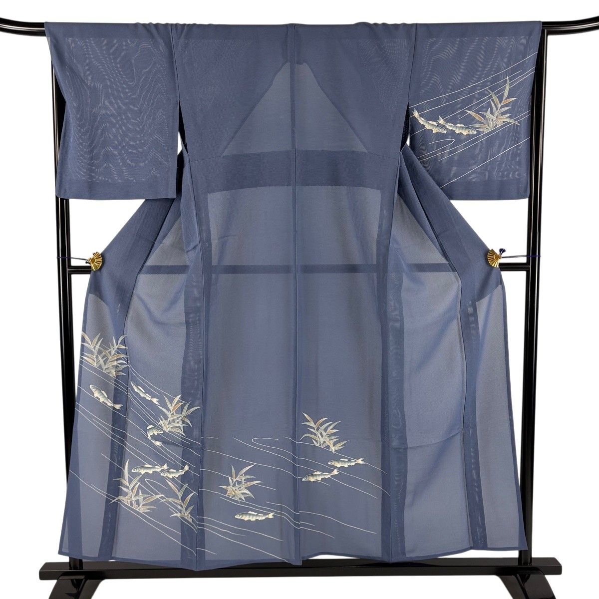 訪問着 身丈155cm 裄丈67cm M 薄物 絽 鮎 葉柄 ぼかし 青灰色 正絹 秀品 【中古】