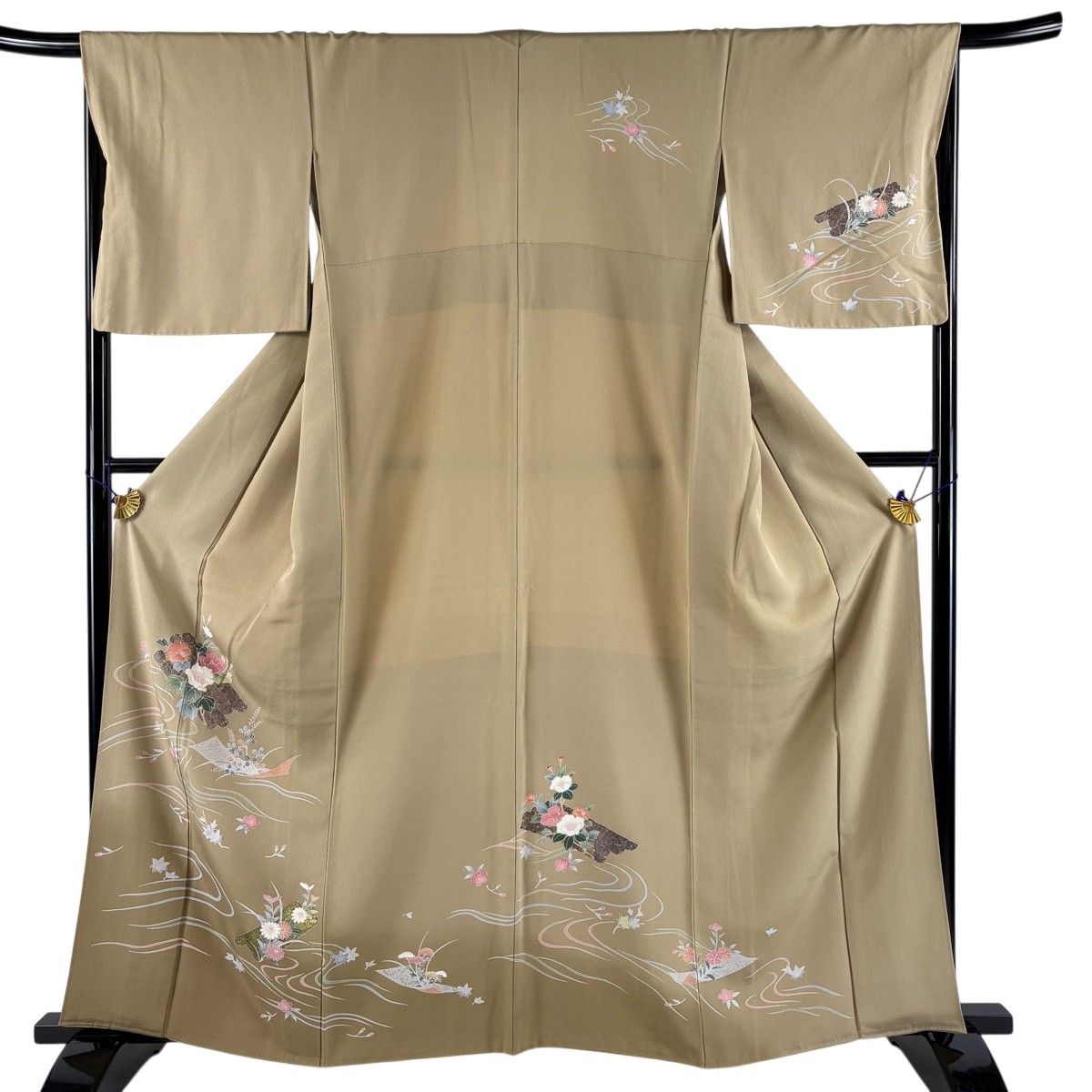 訪問着 身丈162cm 裄丈66cm M 袷 花筏 流水 金彩 ぼかし 薄茶色 正絹 秀品 【中古】
