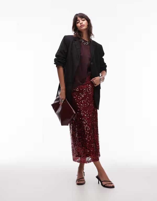 エイソス レディース ボトムス スカート ミディ スパンコール ASOS DESIGN sequin midi skirt in cherry Burgundy バーガンディ