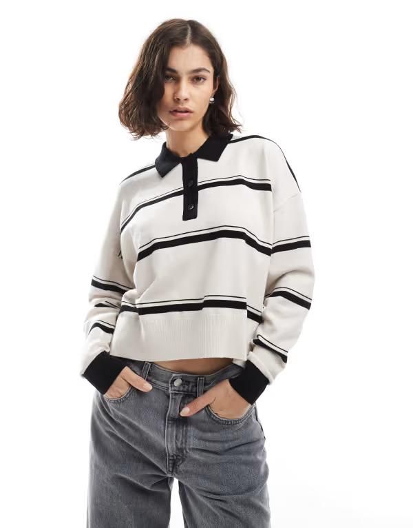 エイソス レディース アウター ニット・セーター ポロシャツ ニット ASOS DESIGN knit structured polo top in stripe Stripe ストライプ 12,145円