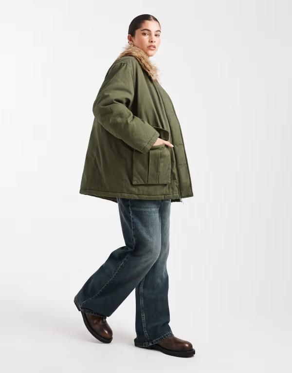 ミスセルフフリッジ レディース アウター コート パーカー Miss Selfridge faux fur collar parka Khaki カーキ