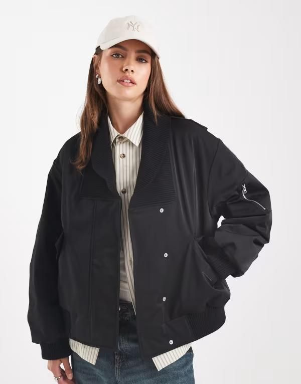 エイソス レディース アウター コート ニット ジャケット ASOS DESIGN knit collar bomber jacket Black ブラック