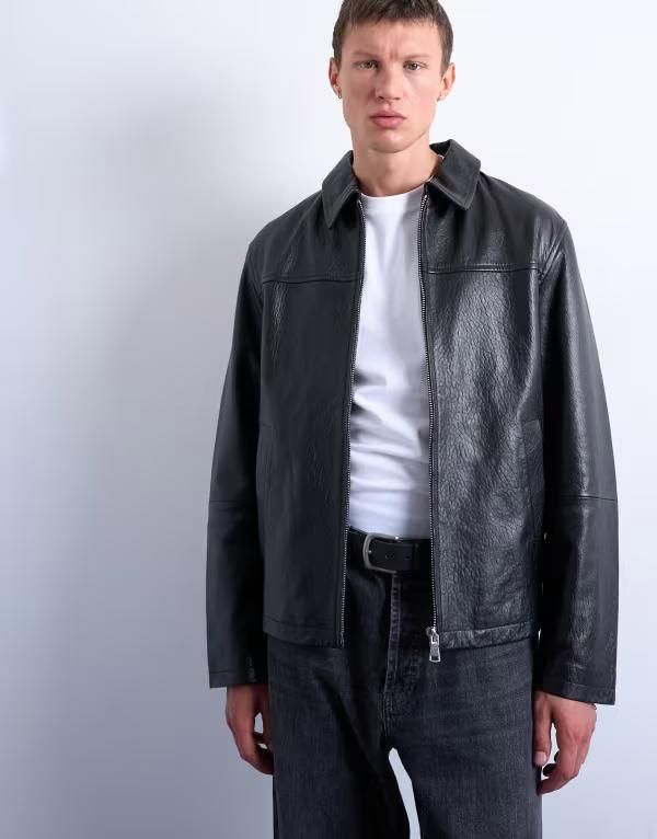 トップマン メンズ アウター ジャケット・ブルゾン レザー ジャケット Topman real leather harrington jacket Black ブラック