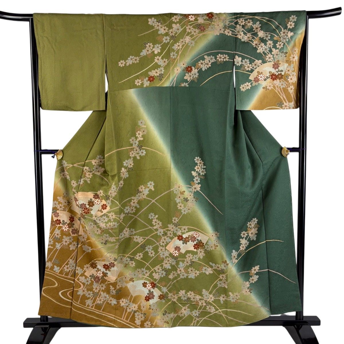 訪問着 身丈158cm 裄丈66cm M 袷 扇面 草花 金糸 金彩 鶯色 正絹 秀品 【中古】