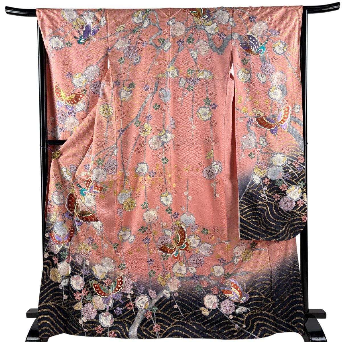 振袖 身丈171cm 裄丈65.5cm M 袷 蝶 梅 金彩 ぼかし ピンク 正絹 秀品 【中古】