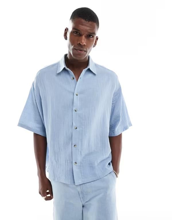 エイソス メンズ トップス シャツ ASOS DESIGN cheesecloth textured regular shirt BLUE ブルー