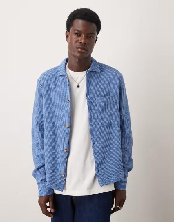 エイソス メンズ トップス シャツ ASOS DESIGN boxy textured overshirt BLUE ブルー