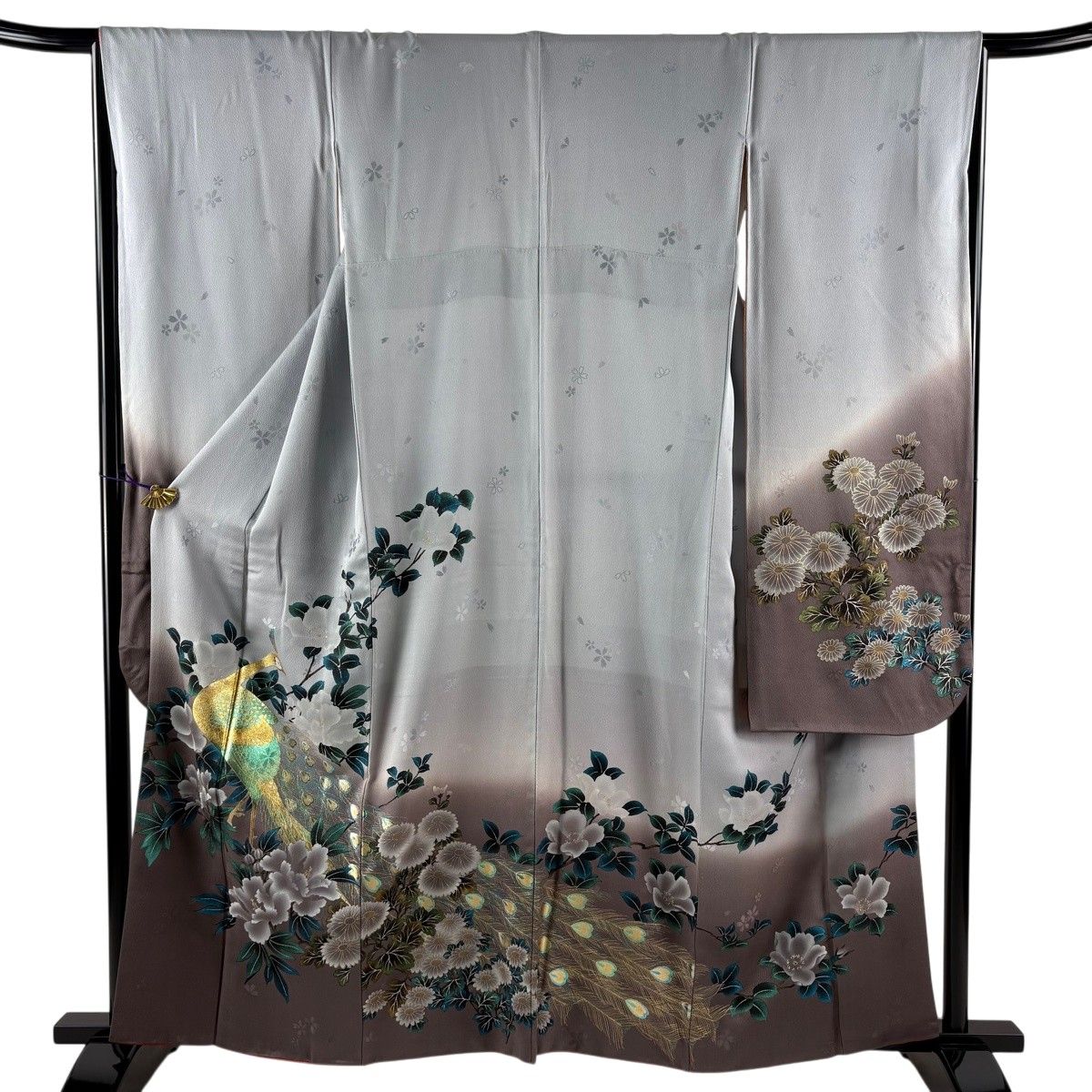 振袖 身丈160cm 裄丈67cm M 袷 孔雀 牡丹 青灰色 正絹 秀品 【中古】