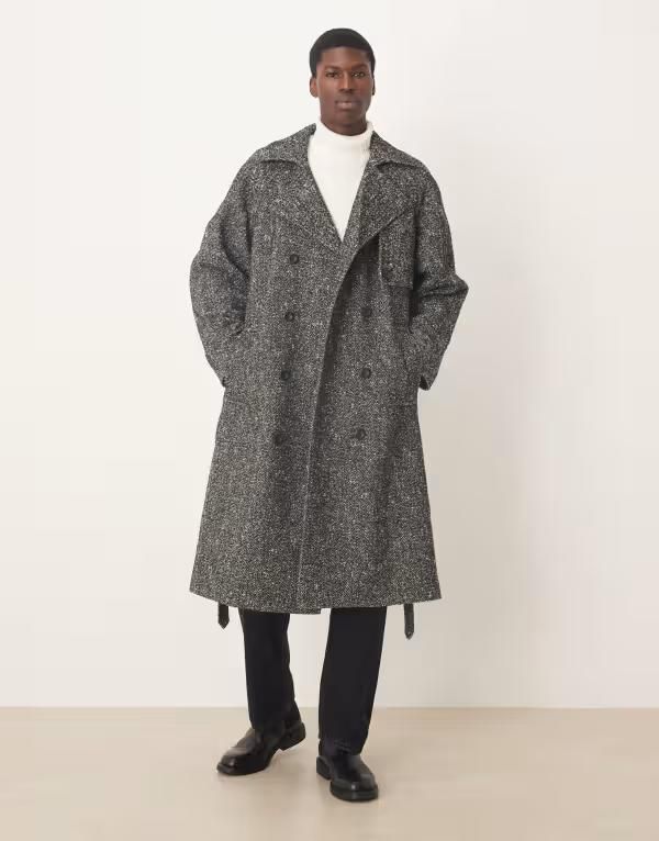 エイソス メンズ アウター コート ウール ASOS DESIGN extreme oversized wool look overcoat Salt Pepper ブラック