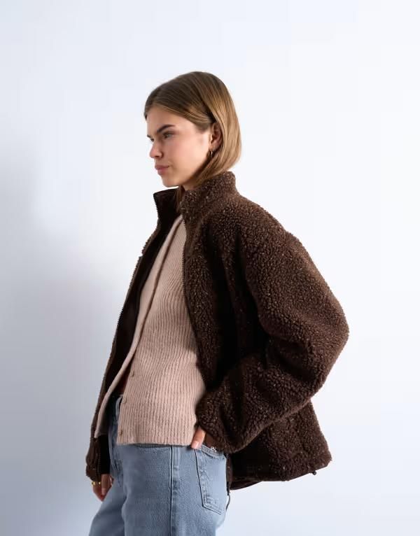 トップショップ レディース アウター ジャケット・ブルゾン フリース ジャケット Topshop oversized funnel fleece jacket in chocolate speckle