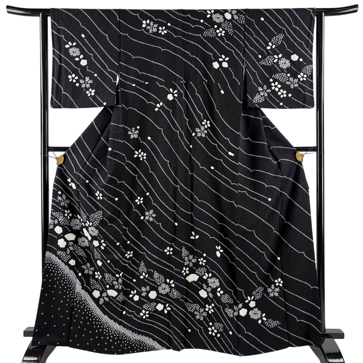 訪問着 身丈165.5cm 裄丈63cm S 袷 扇面 花柄 絞り 黒 正絹 秀品 【中古】
