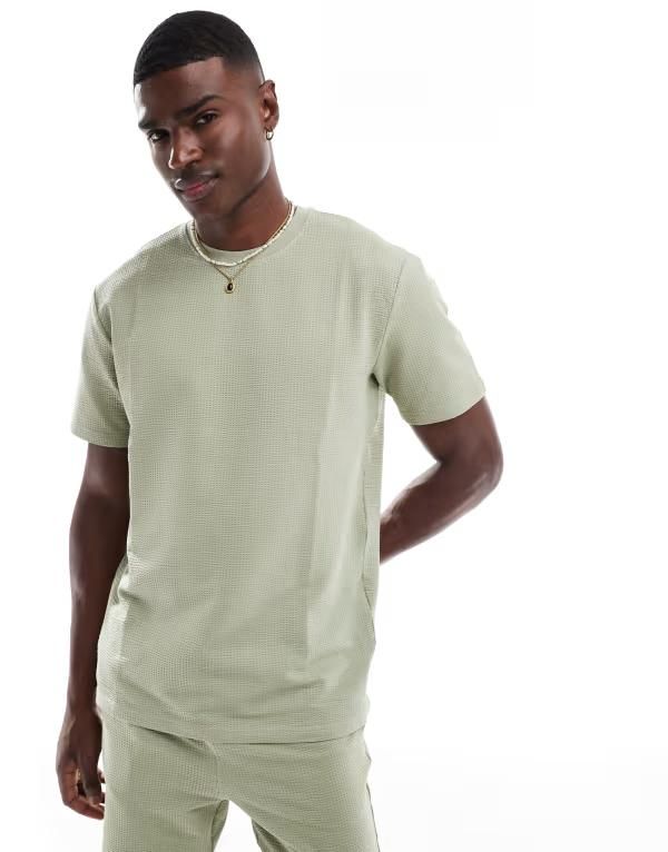 オンリーアンドサンズ メンズ トップス Tシャツ ONLY SONS short sleeve waffle Tshirt in sage part of a set SEAGRASS セージ