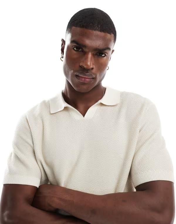 ジャック アンド ジョーンズ メンズ トップス ポロシャツ Jack Jones Premium split neck collar polo shirt in cream texture White
