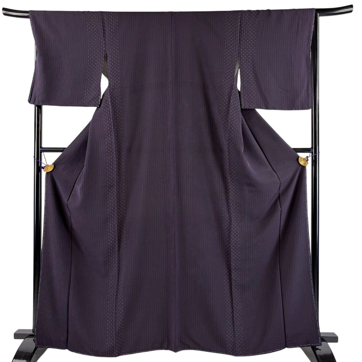 【美品】 小紋 身丈165cm 裄丈67.5cm L 袷 縦縞 幾何学模様 濃紫 正絹 秀品 【中古】
