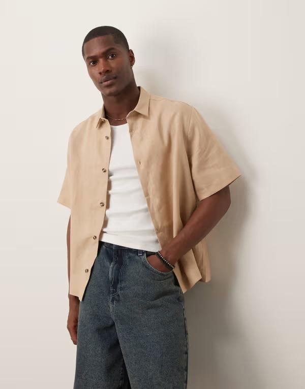 エイソス メンズ トップス シャツ リネン ASOS DESIGN premium boxy linen regular shirt in sand Sand サンド