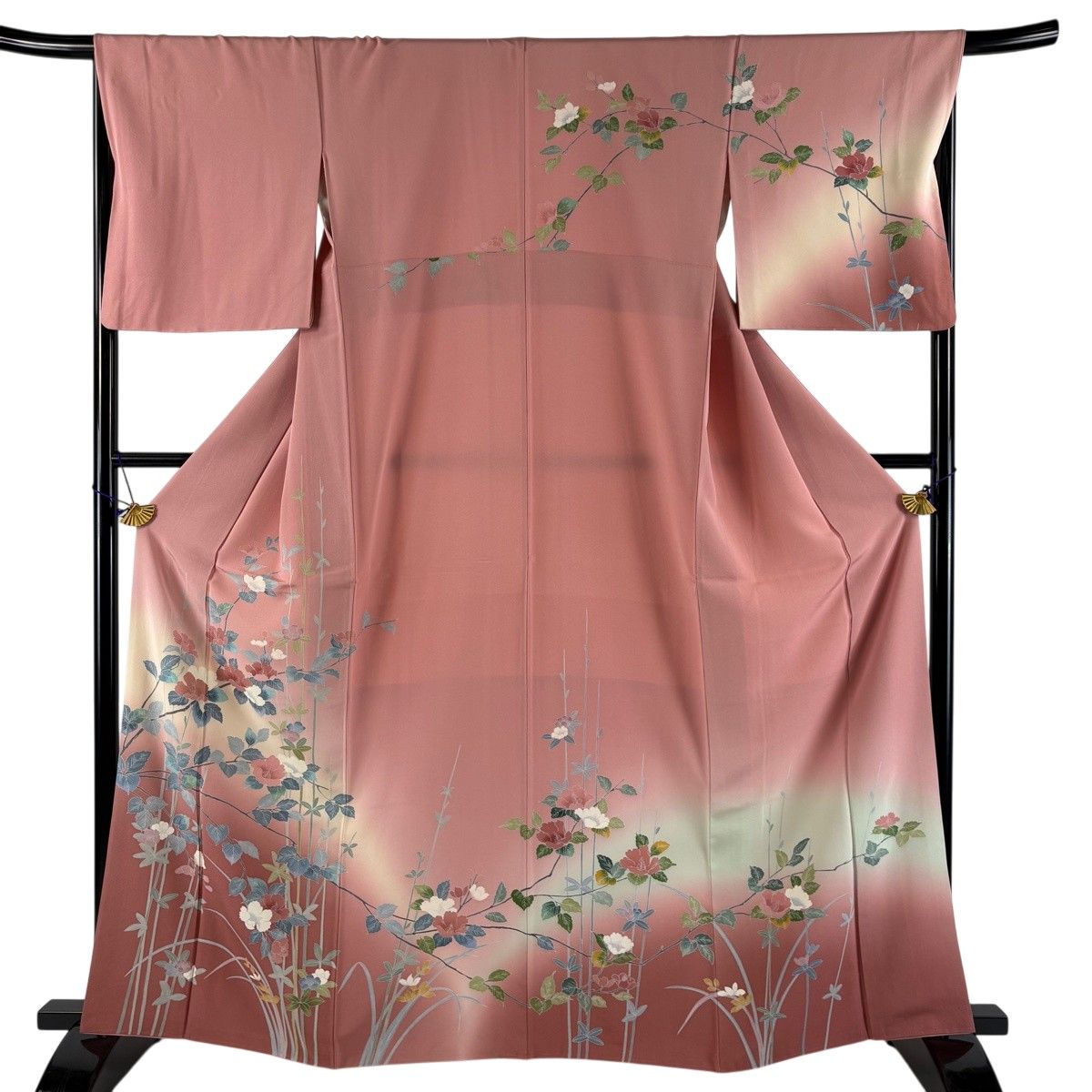 【美品】 訪問着 身丈163cm 裄丈68cm L 袷 枝花 草花 ぼかし ピンク 正絹 秀品 【中古】