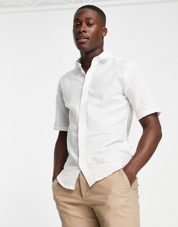 オンリーアンドサンズ メンズ トップス シャツ リネン Only Sons short sleeve shirt in linen mix White ホワイト