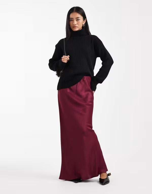 エイソス レディース ボトムスカート サテン マキシ ASOS DESIGN satin bias cut maxi skirt Burgundy バーガンディ