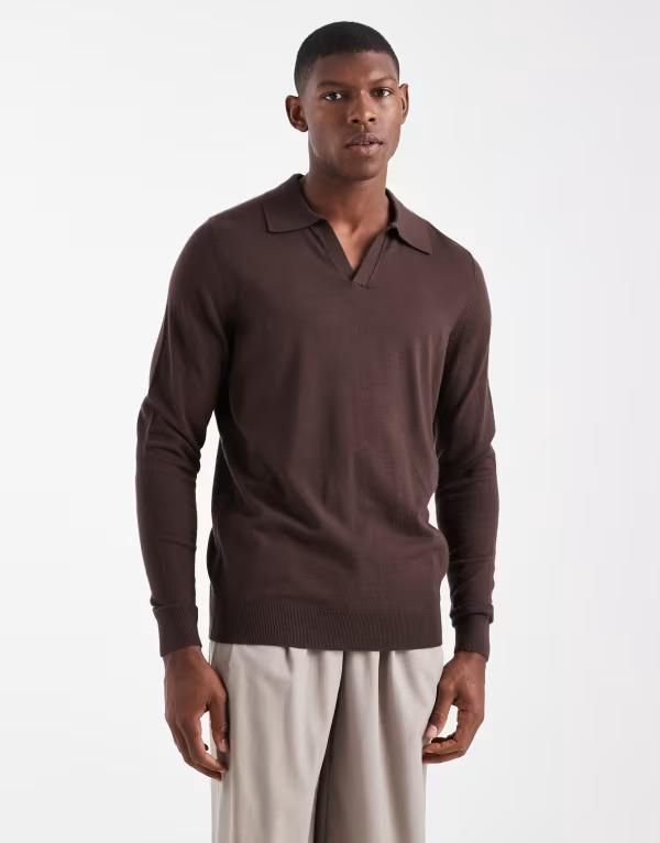エイソス メンズ アウター ニット・セーター ASOS DESIGN knit notch neck sweater BROWN ブラウン