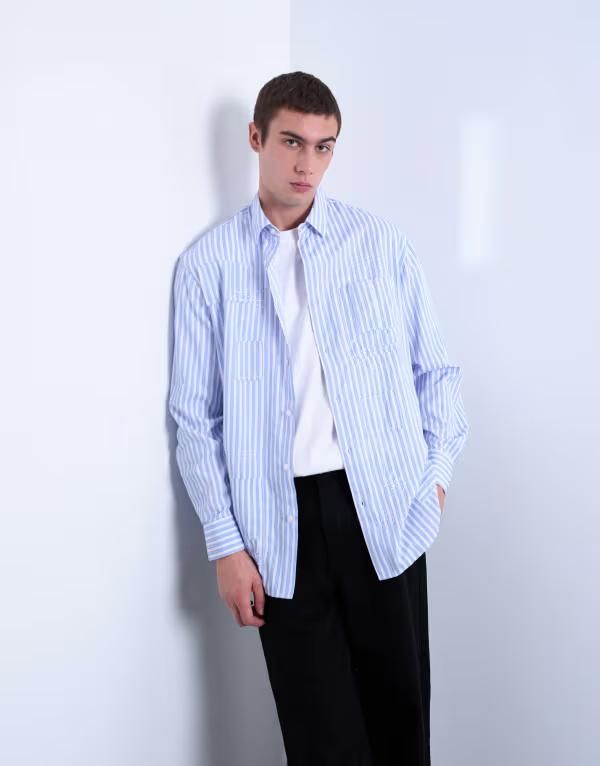 トップマン メンズ トップス シャツ オーバーサイズフィット Topman oversized fit striped shirt with all over distressing BLUE ブルー