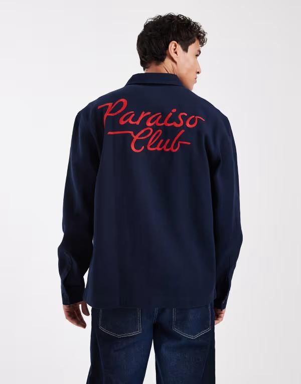 エイソス メンズ トップス シャツ コットン ASOS DESIGN cotton overshirt with back embroidery NAVY ネイビー