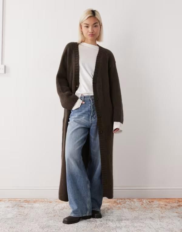 モンキ レディース アウター カーディガン マキシ Monki chunky maxi cardigan in chocolate Brown ブラウン