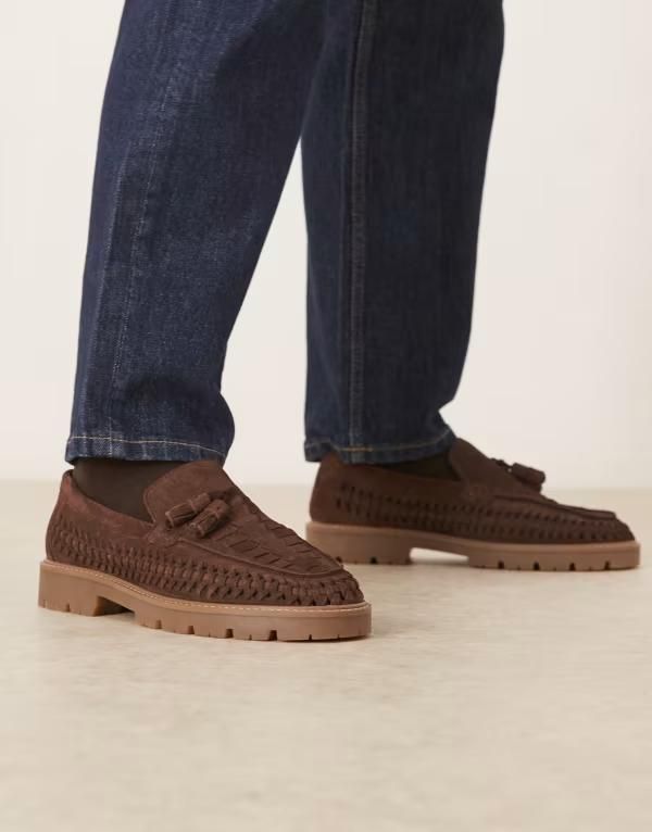 エイソス メンズ シューズ スリッポン・ローファー スエード ASOS DESIGN loafersuede with woven details and tassels Dark Brown Sue