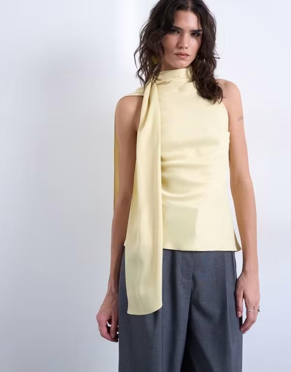 トップショップ レディース トップス タンクトップ サテン Topshop scarf detail satin top in buttermilk YELLOW イエロー