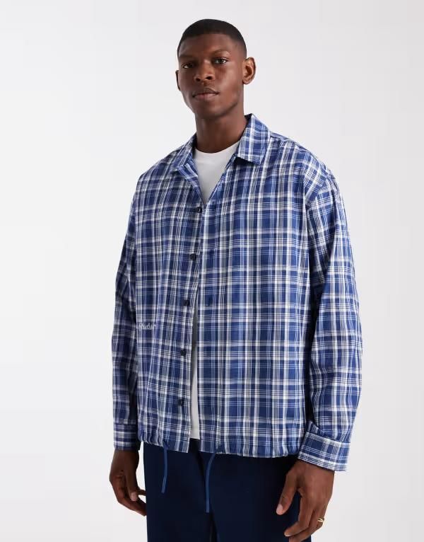 エイソス メンズ トップス シャツ ASOS DESIGN boxy oversized plaid shirt with embroidery BLUE ブルー