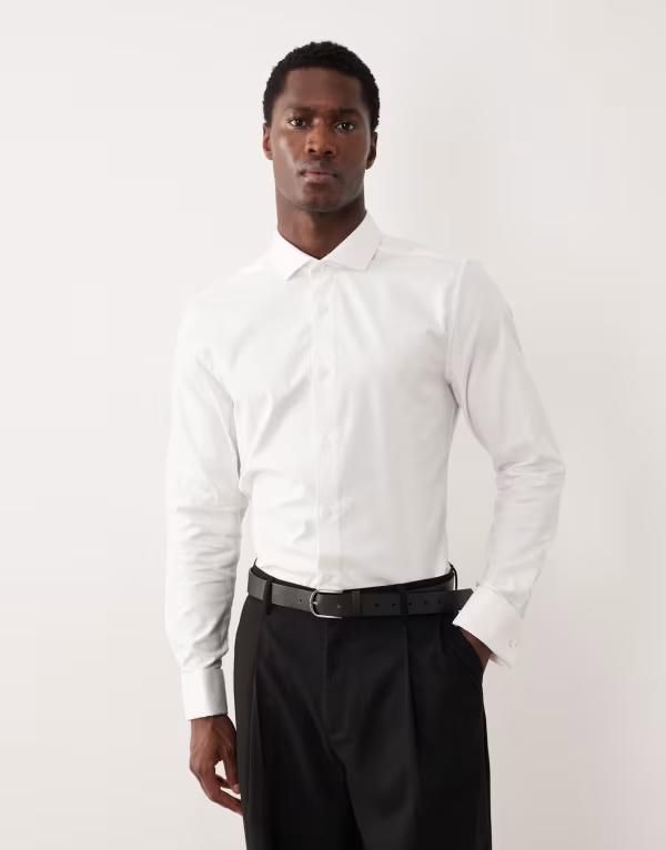 エイソス メンズ トップス シャツ スリムフィット ASOS DESIGN slim fit easy iron twill dresshirt with double cuffs WHITE ホワイ